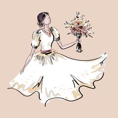 The bride with a bouquet of flowers on beige background. Colorful isolated illustration