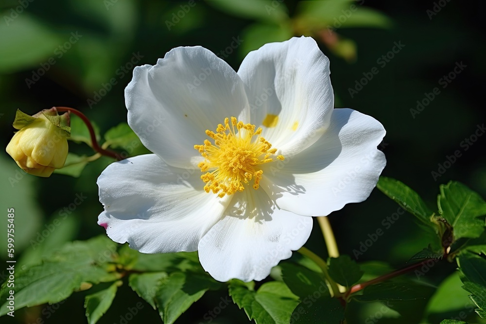 Canvas Prints white flower with a yellow center and green leaves Generative AI