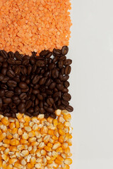 coffee and main seeds, pink lentils - white background