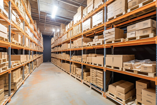 Warehouse Storage Space with Boxes and Shelves, Generative AI