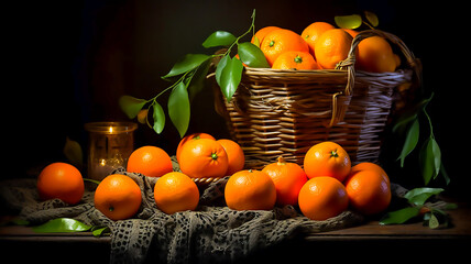 Still life with tangerines and fruits in a basket on the table, AI generative