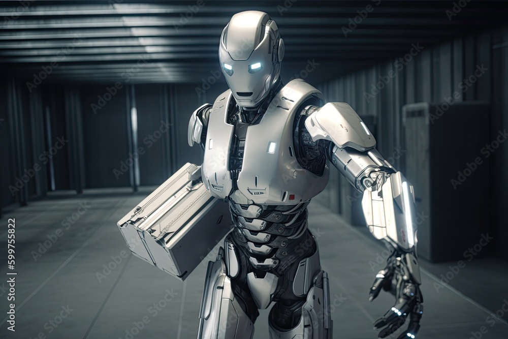 Poster robot in a business setting carrying a briefcase generative ai