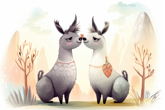 A pair of alpacas kissing each other.