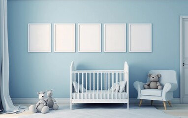 Blue nursery room with five blank frames mockup on the wall created with Generative AI technology
