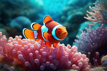 Stunning Clownfish Under the Sea With Vibrant Gems of the Coral Reefs - Generative AI - obrazy, fototapety, plakaty