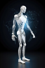 White humanoid robot on starry sky background