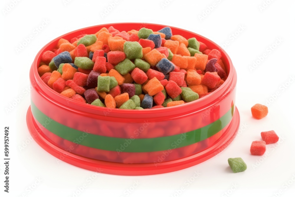Poster red bowl overflowing with assorted candies and sweets generative ai