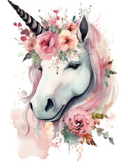 Watercolor Magic Unicorn with Flowers with Generative AI