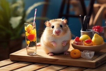Hamster on vacation came to eat fruit. AI generation 