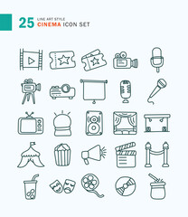 Set of Cinema Icon Line Art Style. Movie, microphone, entertainment, magic.