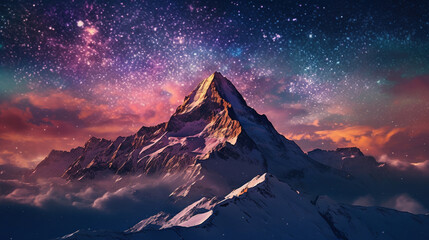 Naklejka na ściany i meble snow covered mountains colorful sky. Generative Ai