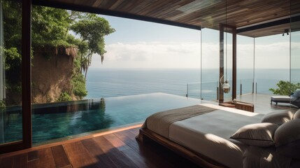 bedroom with swiming pool resort home interior background concept daylight natural style,image ai generate