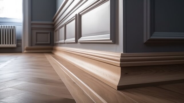 house detail design wooden floor and wall moulding treatment detail daytime, image ai generate