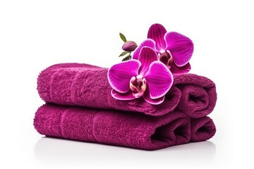 Obraz na płótnie Canvas two towels with a beautiful purple orchid design Generative AI