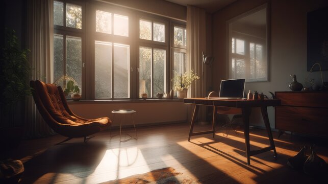 study room interior at sunset moment dramatic light home design,image ai generate