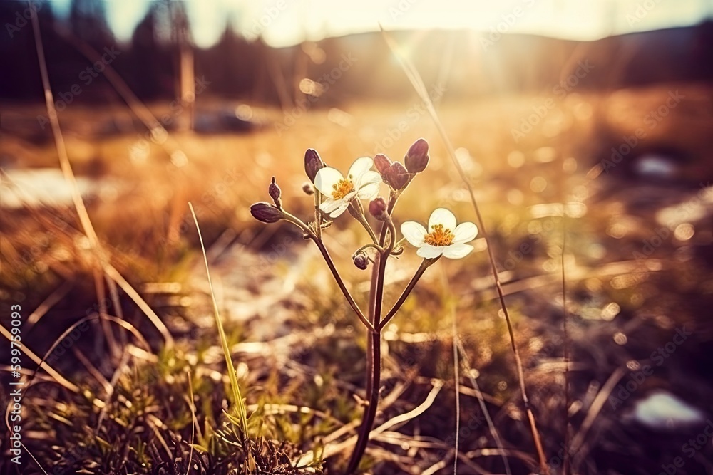 Poster vibrant and colorful flower in a natural field setting generative ai