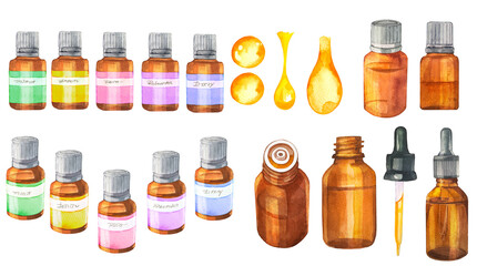 アロマオイルの水彩で描かれたイラストセット素材
