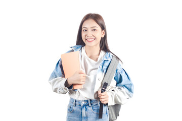 Smiling Asian female student holding pink book. PNG file format isolated on transparent background