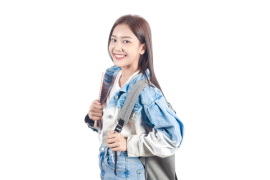 Asian  female of smiling student in university wearing jean shirt. Gray backpack standing PNG file format isolated on transparent background