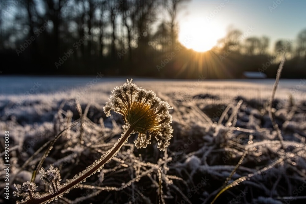 Poster sunlight casting a golden glow on frost-covered grass generative ai