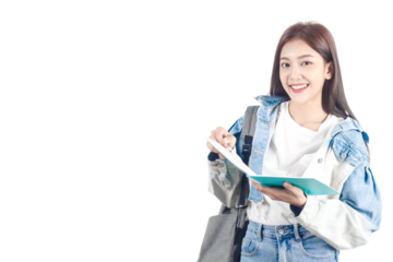 Smiling Asian female student holding a blue book. PNG file format isolated on transparent background