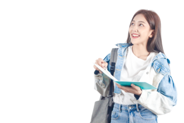 Portrait of smiling Women asia students in university put on a jean shirt. stand and think. PNG file format isolated on transparent background