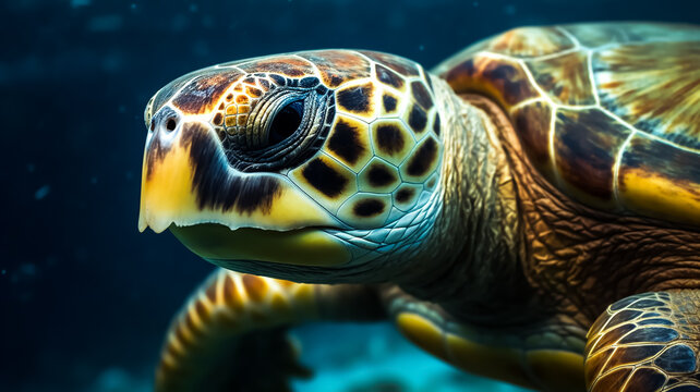 old Sea turtle diving underwater of the Blue Ocean