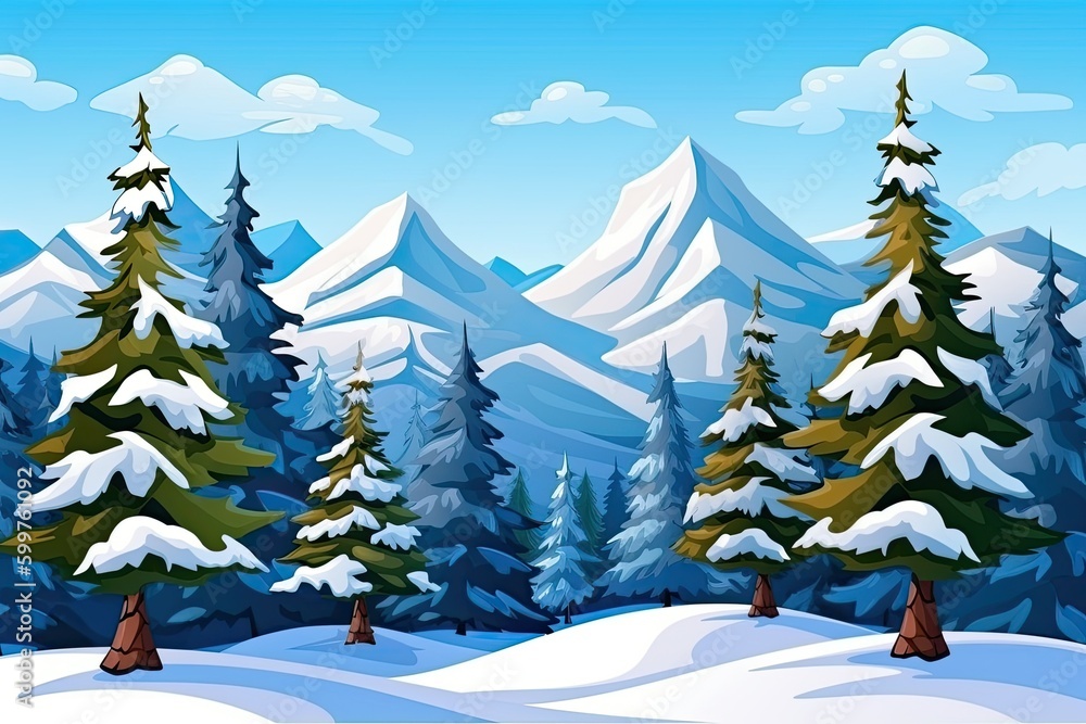 Poster serene winter scene with snow-covered trees and mountains generative ai