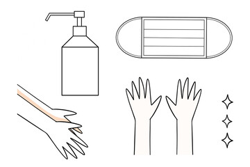 マスク　消毒液　手洗い　ピカピカ　イラスト　透過素材　PNG　ウイルス除去　感染予防　シンプル　予防