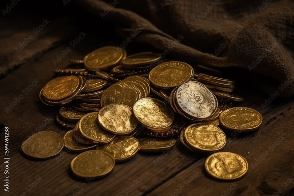 Poster stack of shiny gold coins on a rustic wooden table generative ai