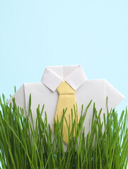 Origami shirt with tie among the green grass.