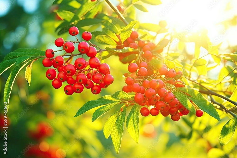 Poster tree with ripe red berries hanging from its branches Generative AI