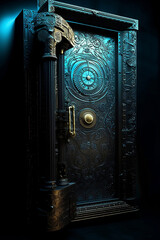 fantasy black heavy door with ornaments in blue light
