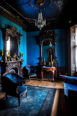 old room styled in victorian design interior in blue color