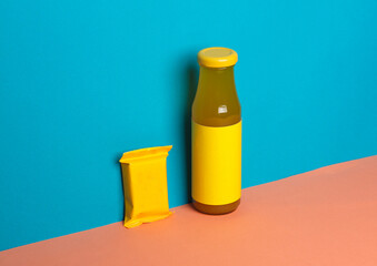 Glass bottle of juice and yellow candy packaging on a blue pink background. Layout, Template for design