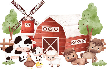 Obraz na płótnie Canvas Watercolor Illustration set of cute farm animals and farm house