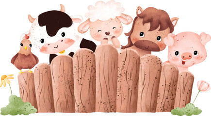 Watercolor Illustration set of cute farm animals and fence © Stella
