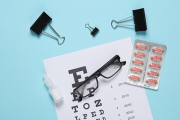 Eyeglasses with eye test table and eye drops bottle, pills, paper clips on blue background. Vision examination and correction