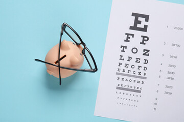 Piggy bank in Eyeglasses with eye test table on blue background. Vision examination and correction....