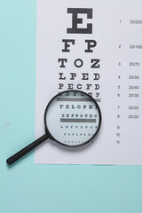 Magnifying glass and Eye test chart on blue background. Vision examination