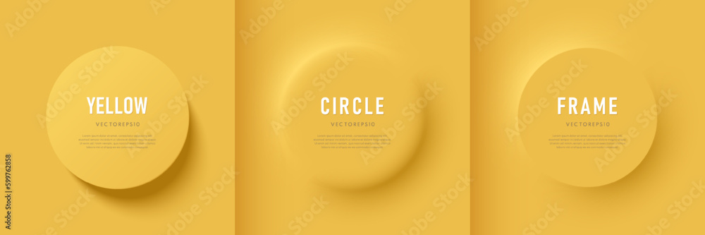 Wall mural set of 3d round circles frame on yellow background with light and shadow. abstract geometric pedesta