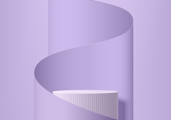 Realistic white 3D cylinder pedestal podium background with purple roll paper background. Wall minimal scene mockup products stage showcase, Cosmetic promotion display. Vector abstract empty platform.
