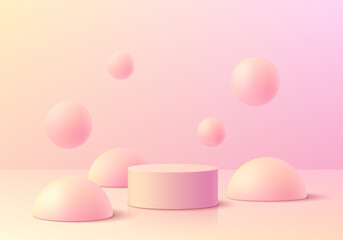 3D pink and yellow realistic cylinder pedestal podium background with floating bubbles or balls. Wall minimal scene mockup products stage showcase, Banner promotion display. Abstract empty platforms.