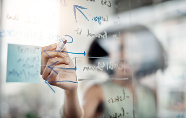 Glass wall, hands and business woman writing, planning or strategy in office. Brainstorming, board and female person write ideas, working on project and schedule, analysis or information in workplace