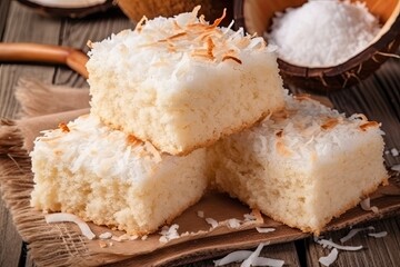 stack of homemade coconut cakes on a rustic wooden table Generative AI
