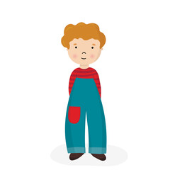 Happy young boy standing. Smiling boy wearing red t-shirt. Flat vector isolated for you design. Cute character