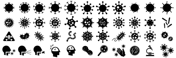 Silhouette set of vector illustrations of simple shapes of various virus icons and pictograms - obrazy, fototapety, plakaty