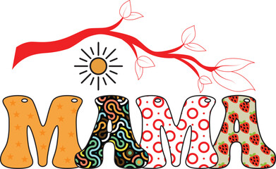 Mama pattern t-shirt design with tree and sun