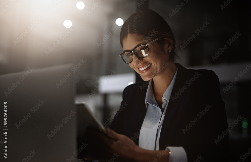 Sticker Night, office and happy woman with digital tablet for research, solution and idea inspiration. Online, search and female office worker working late on proposal, goal and task at startup business