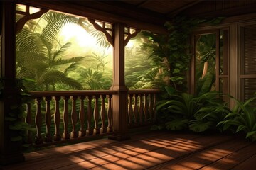 serene porch overlooking a lush tropical jungle Generative AI